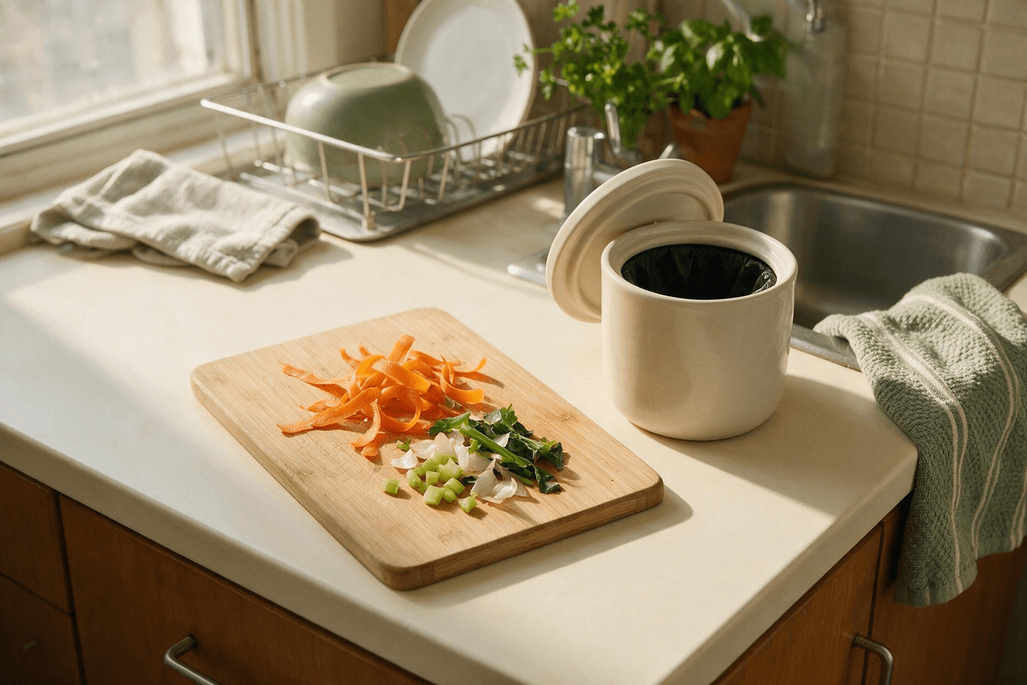 Generic food-scrap caddy beside a board of vegetable peelings on a small counter next to the sink.