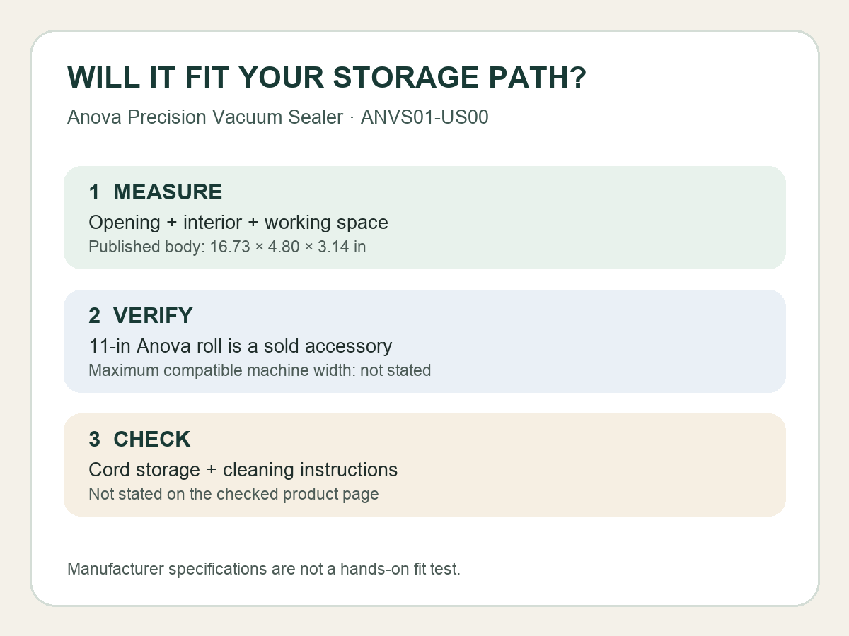 Three-step diagram for measuring storage and checking bag width, cord storage, and cleanup instructions.