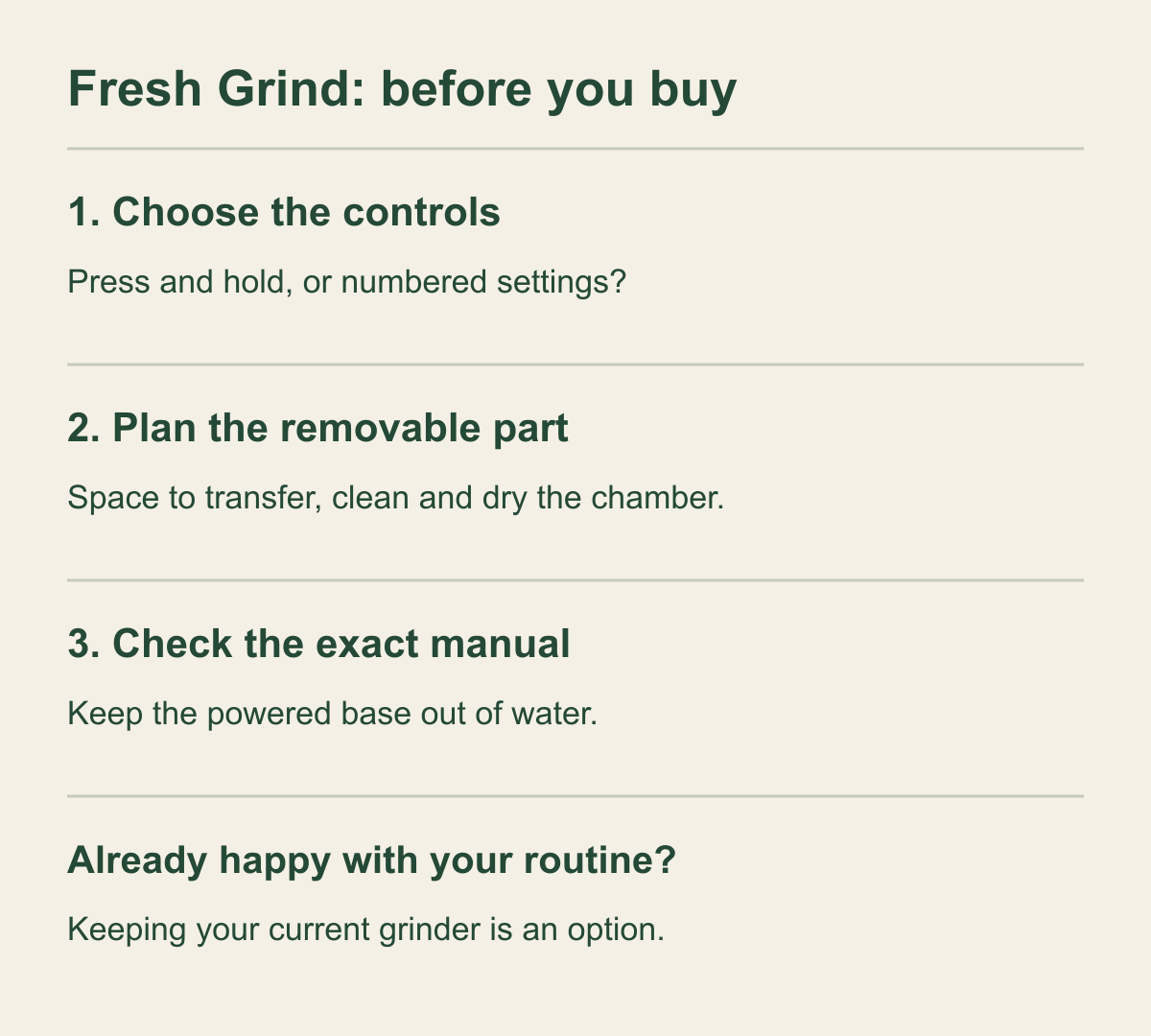 Fresh Grind decision diagram: choose controls, plan removable-part handling, and check the matching manual.