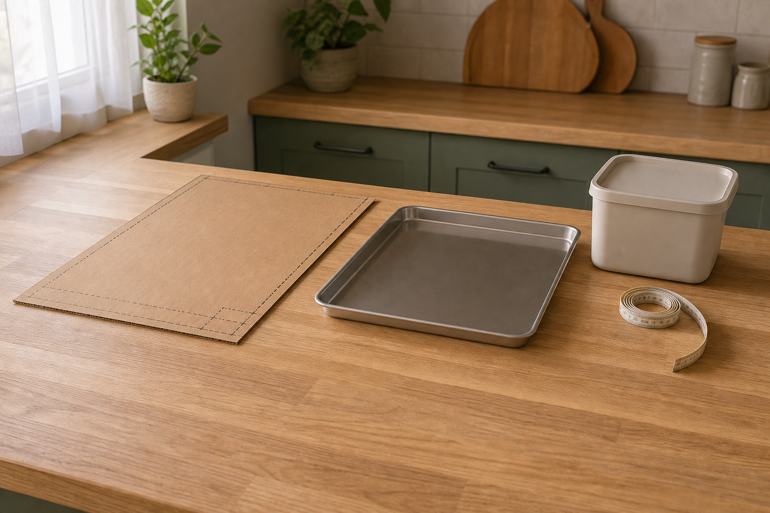 Generic planning illustration of a cardboard footprint, plain tray, storage container, and measuring tape on a counter.