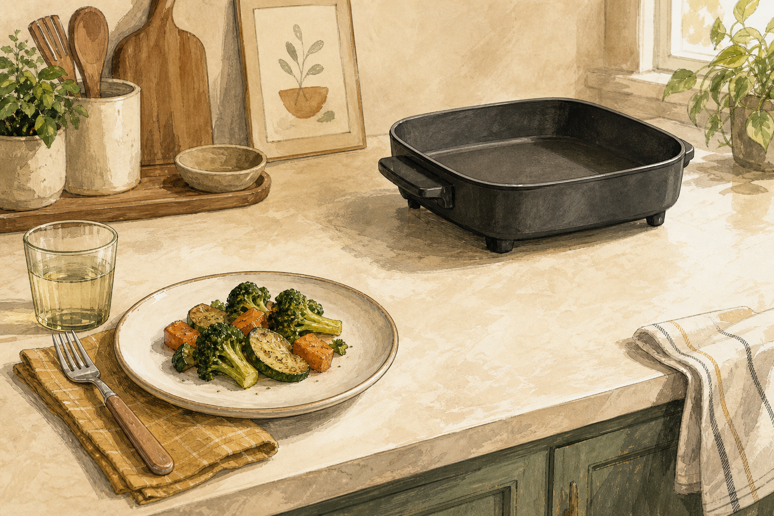 Illustration of a small square electric skillet beside a meal plate on an open kitchen counter.